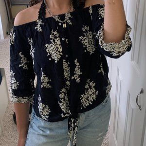 Navy and white floral off the shoulder top